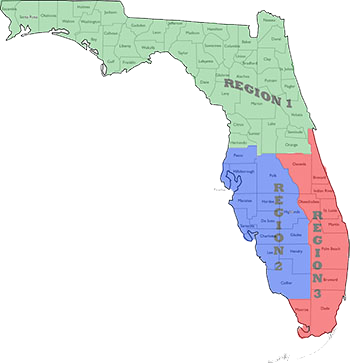 Map of Florida counties with 3 regions (north, southeast, southwest)